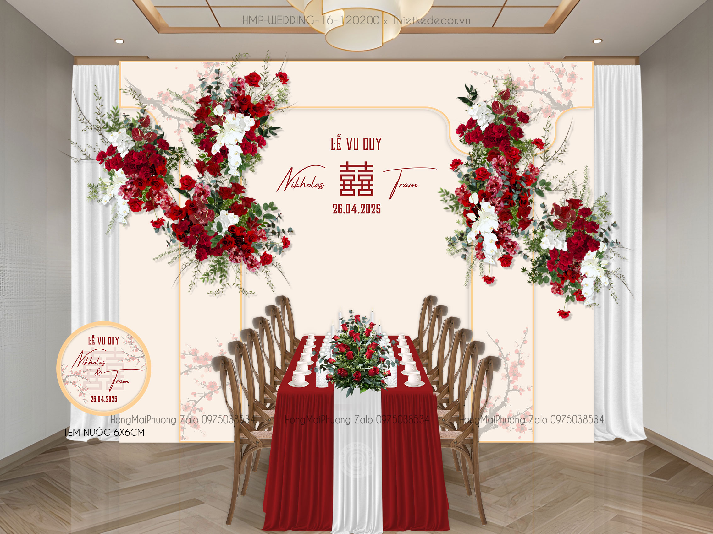 Gia tiên tone kem beige họa tiết cành hoa đào đỏ, kèm tem nước